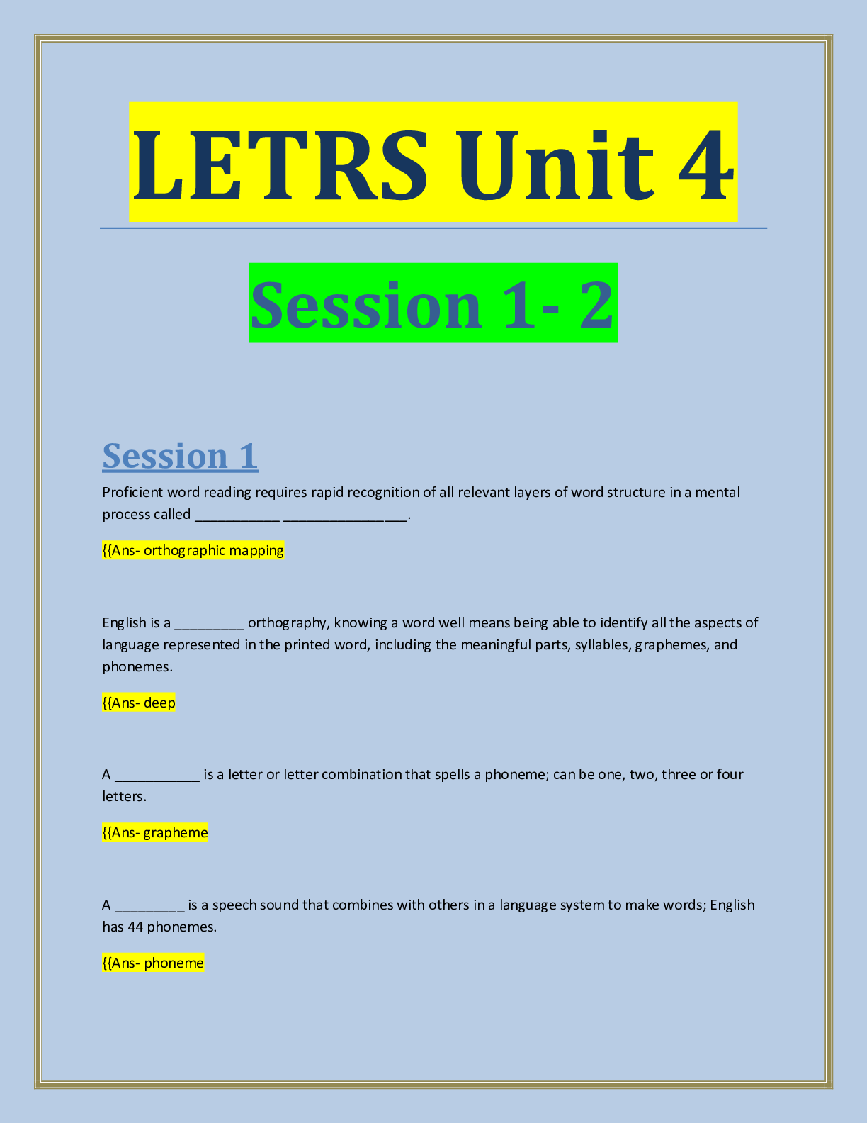 Letrs Unit 5 8 Post Test Answers LETRS Unit 4 - Session 1- 2 | Verified | 100% Correct Answers